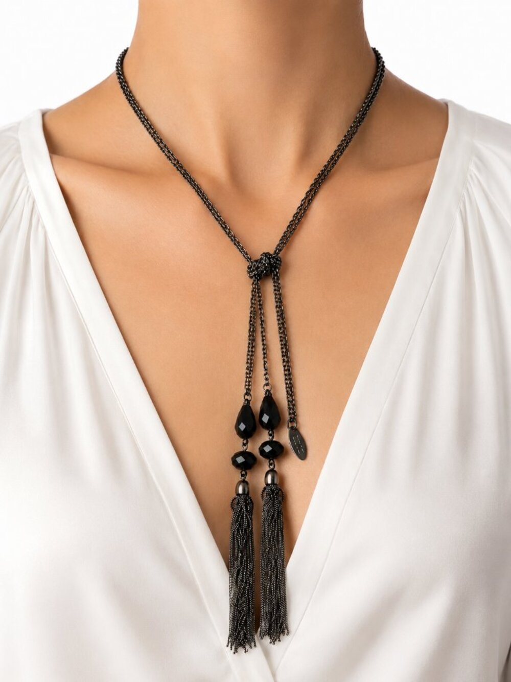 Cara N.Y. Black Lariat Necklace Double Chain Tassel Statement Jewelry